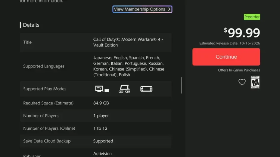 حجم بازی Call of Duty Modern Warfare 4 روی نینتندو سوییچ ۲